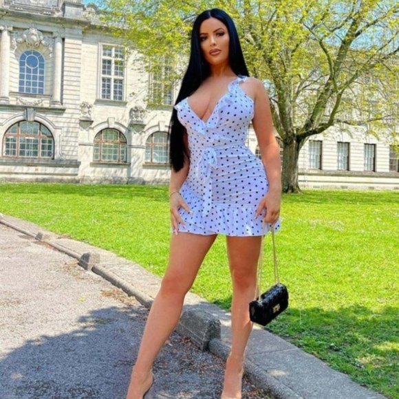 White Polka Dot V-Neck Sleeveless Backless Open Back Ruffle Mini Dress - Picture 13 of 14